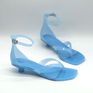 JEFFREY CAMPBELL Gummy Kitten Heel Jelly Thong Sandals Womens 9 Blue Ankle Strap